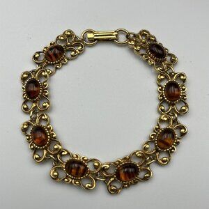 Vintage FLORENZA Tigers Eye Gold Tone 7” Womens Bracelet Filigree Marked